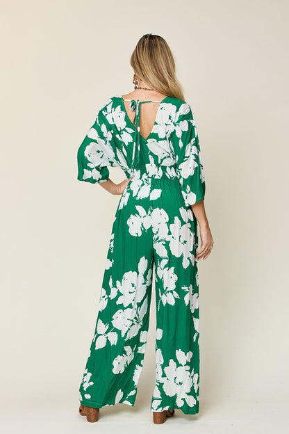 Double Take Full Size Printed Tie Back Wide Leg Jumpsuit - The Ruffled Bull Boutique