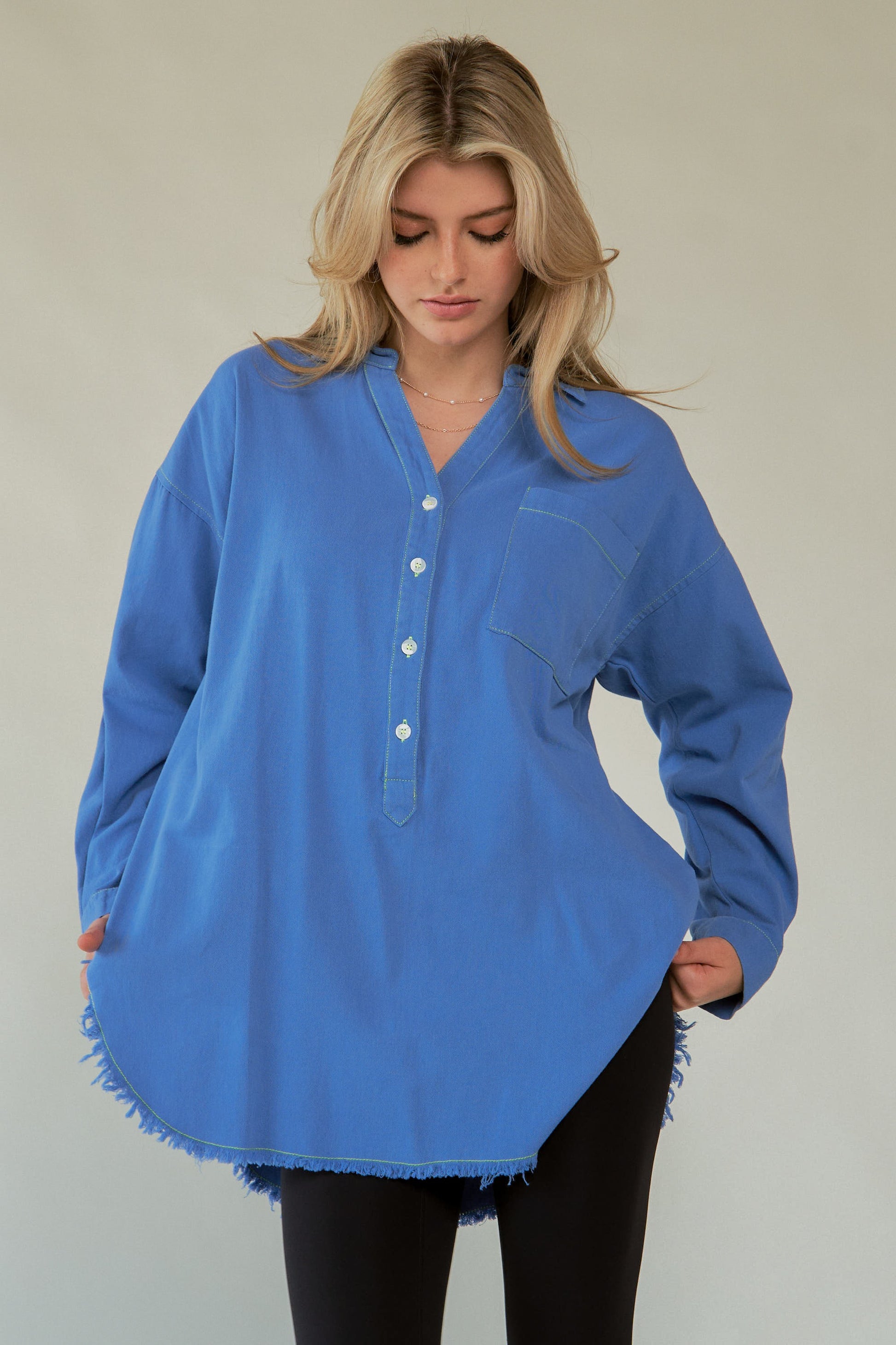 Davi & Dani Letter Back Raw Hem Half Button Shirt - The Ruffled Bull Boutique