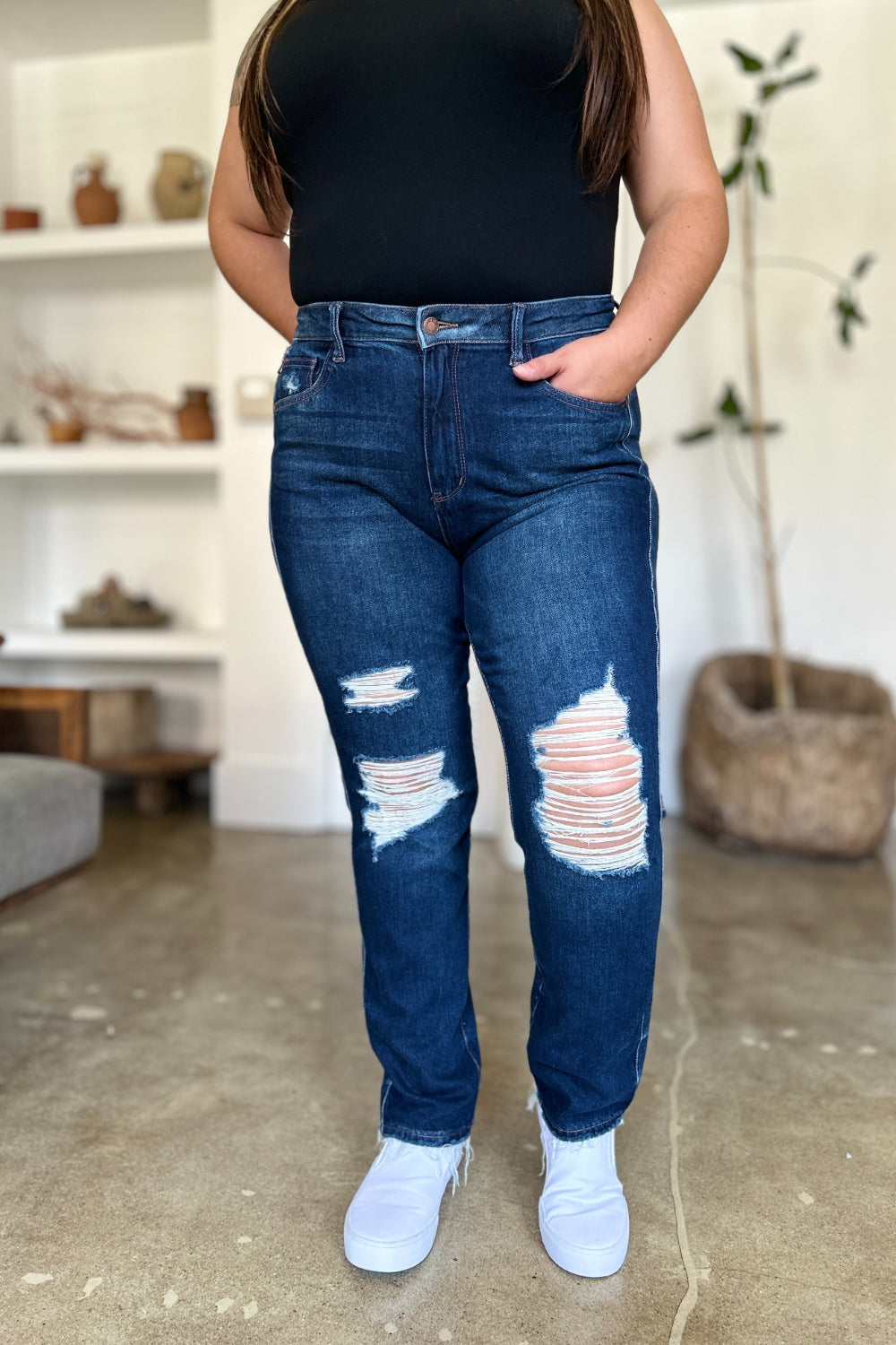 Judy Blue Full Size High Waist Rigid Magic Heavy Destroy Straight Jeans - The Ruffled Bull Boutique