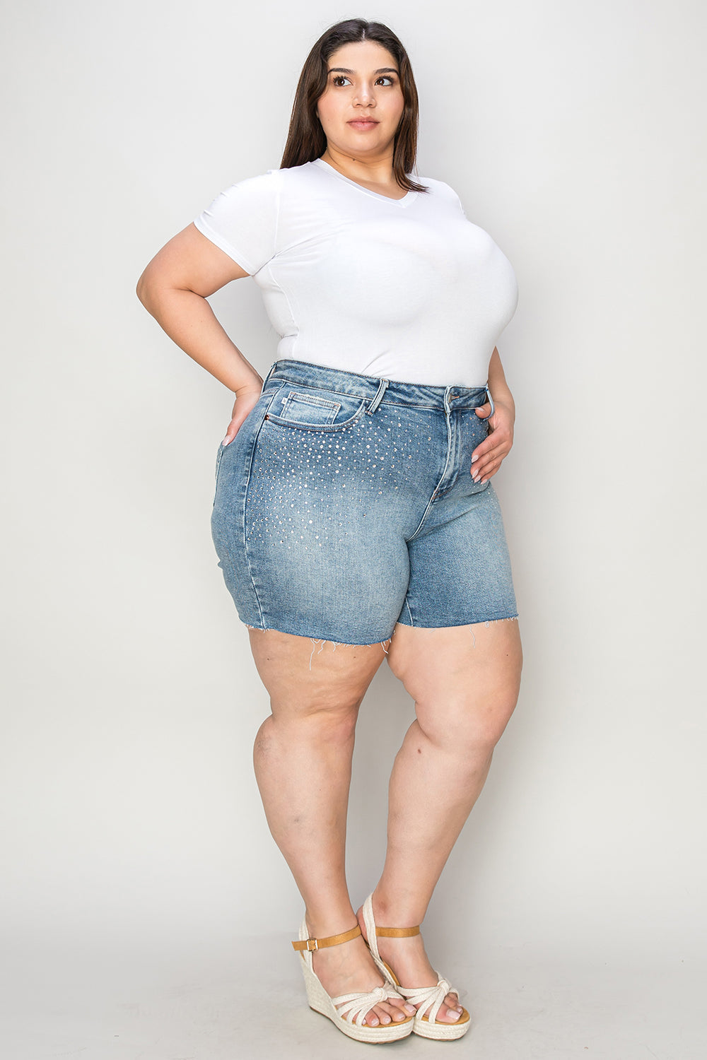 Judy Blue Full Size High Waist Rhinestone Decor Denim Shorts - The Ruffled Bull Boutique