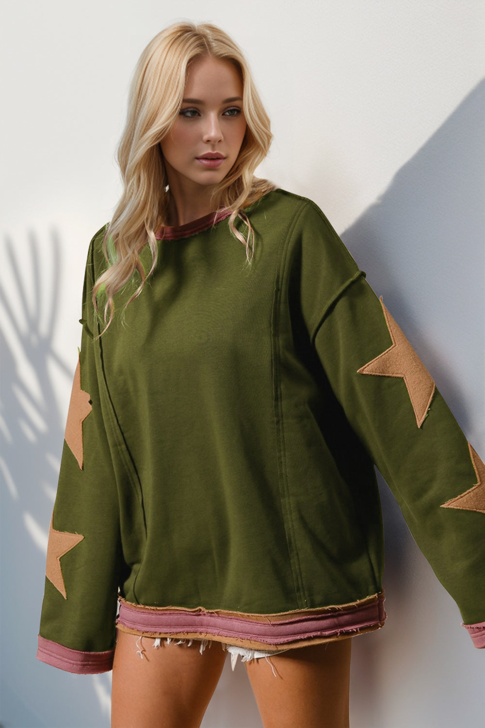 Double Take Star Patched Long Sleeve Sweatshirt - The Ruffled Bull Boutique