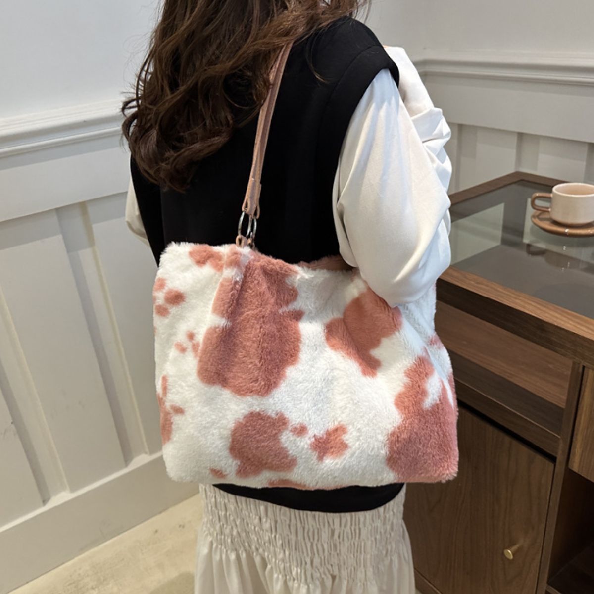 Cow Print Furry Tote Bag - The Ruffled Bull Boutique