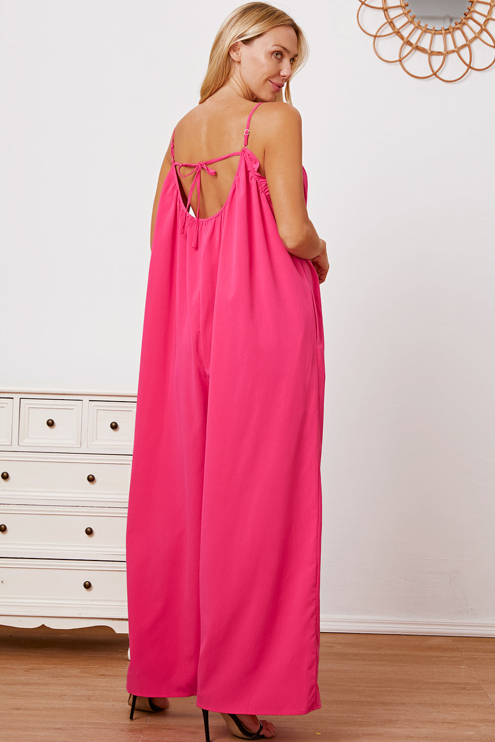 Double Take Full Size Ruffle Trim Tie Back Cami Jumpsuit with Pockets - The Ruffled Bull Boutique