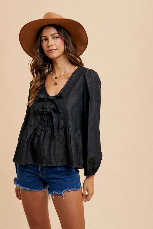 Annie Wear Tie Front Peplum Long Sleeve Denim Top - The Ruffled Bull Boutique