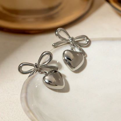 Stainless Steel Bow & Heart Drop Earrings - The Ruffled Bull Boutique