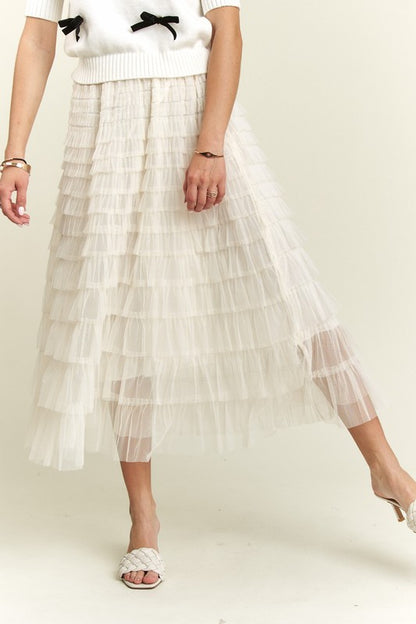 ADORA Elastic Waist Layered Mesh Midi Skirt - The Ruffled Bull Boutique