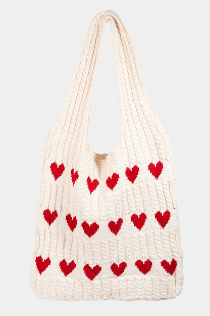 Fame Contrast Heart Crochet Tote Bag - The Ruffled Bull Boutique