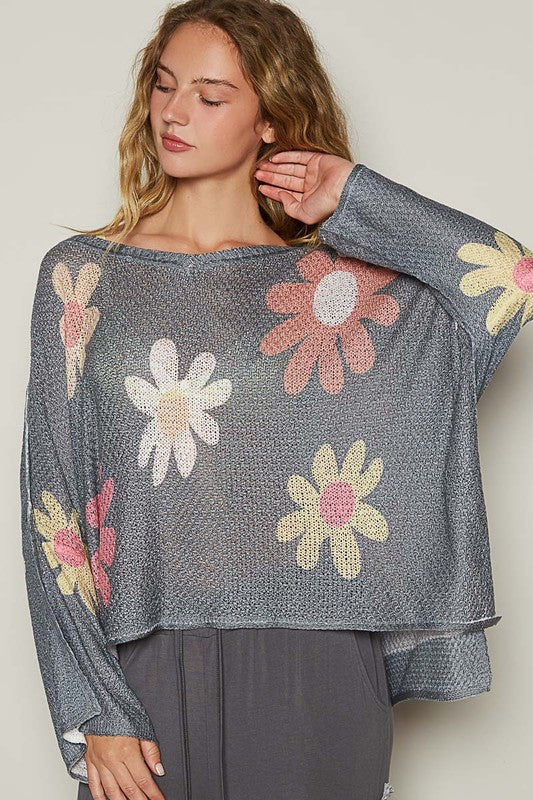 POL Flower Dropped Shoulder Long Sleeve Knit Top - The Ruffled Bull Boutique