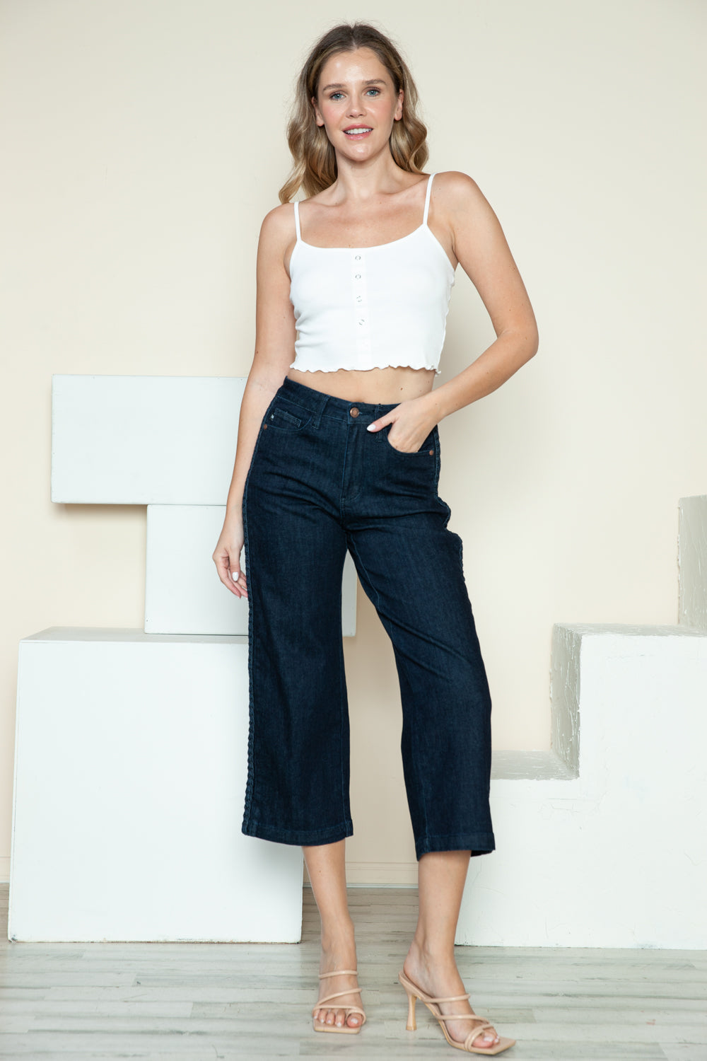 Judy Blue Full Size Side Seam Braid Detail Crop Wide Leg Jeans - The Ruffled Bull Boutique