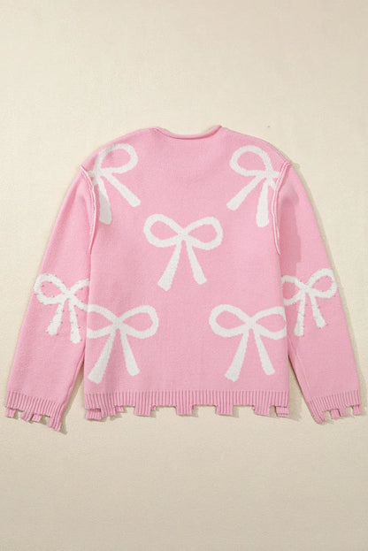 Pearl Detail Bow Round Neck Long Sleeve Sweater