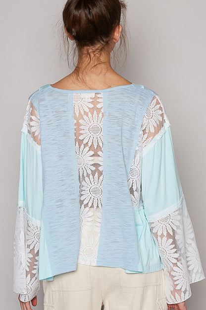 POL Lace Detail V-Neck Flare Sleeve Blouse - The Ruffled Bull Boutique