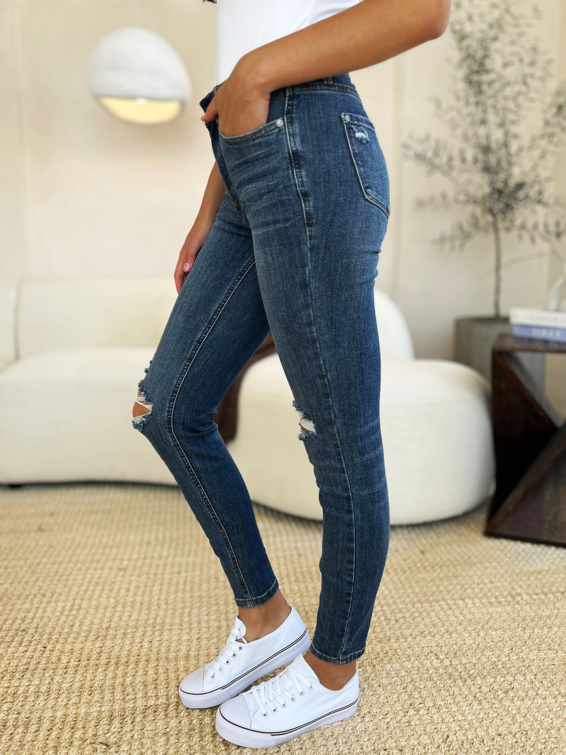 Judy Blue Full Size Mid Waist Distressed Slim Jeans - The Ruffled Bull Boutique