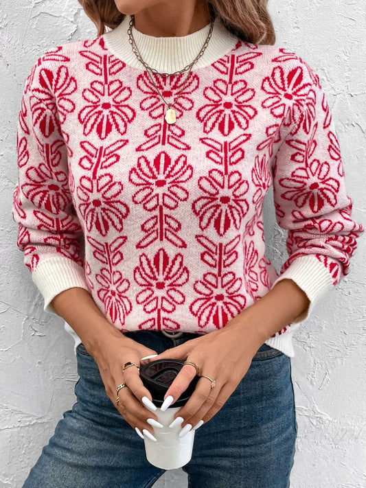 Perfee Flower Round Neck Long Sleeve Sweater