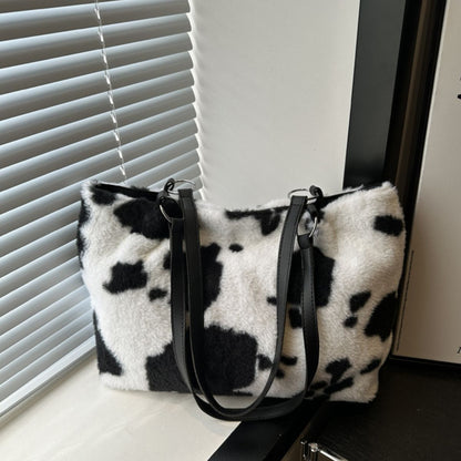 Cow Print Furry Tote Bag - The Ruffled Bull Boutique