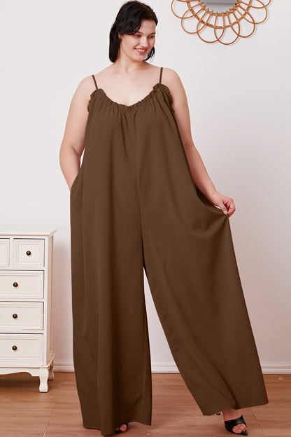 Double Take Full Size Ruffle Trim Tie Back Cami Jumpsuit with Pockets - The Ruffled Bull Boutique