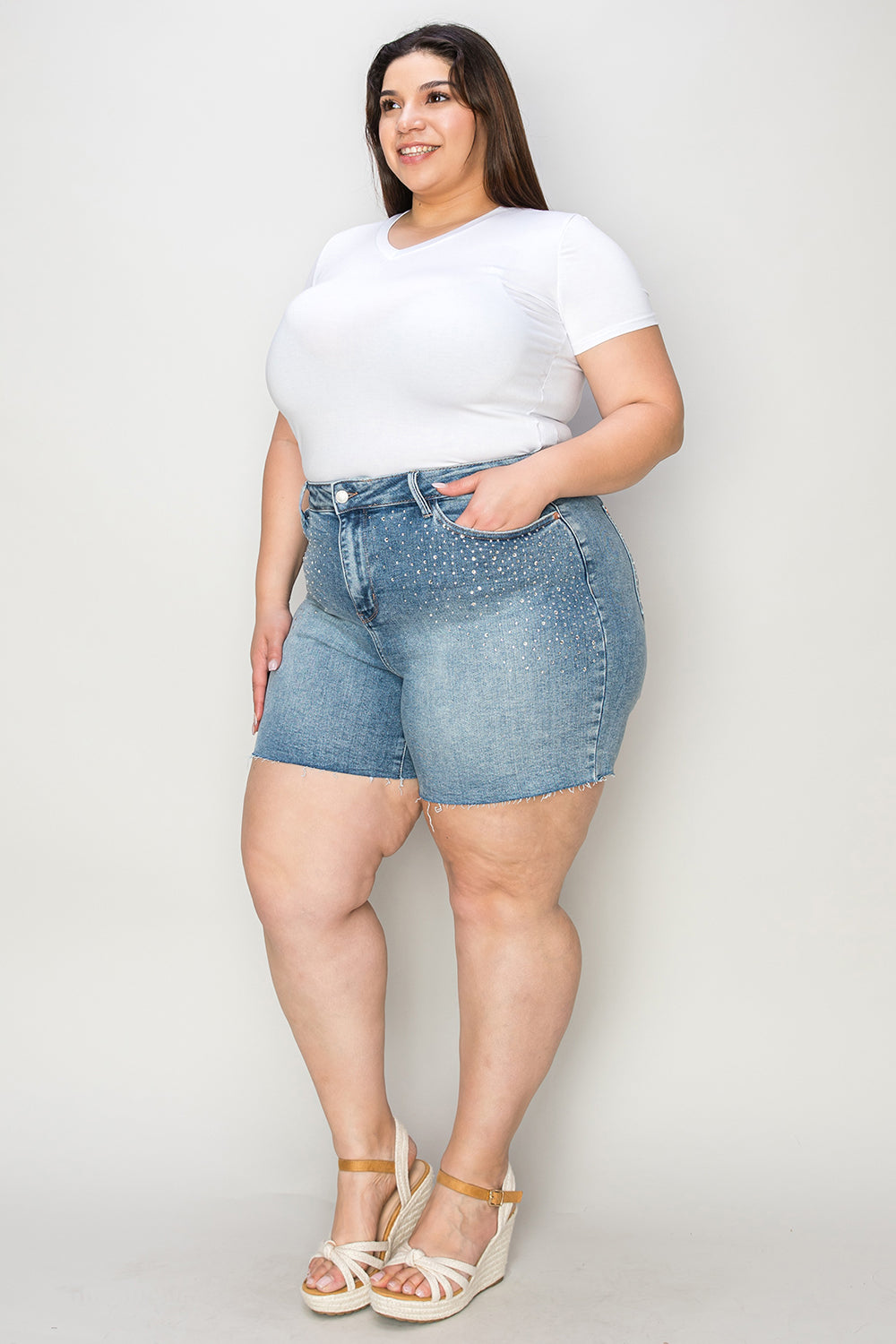 Judy Blue Full Size High Waist Rhinestone Decor Denim Shorts - The Ruffled Bull Boutique
