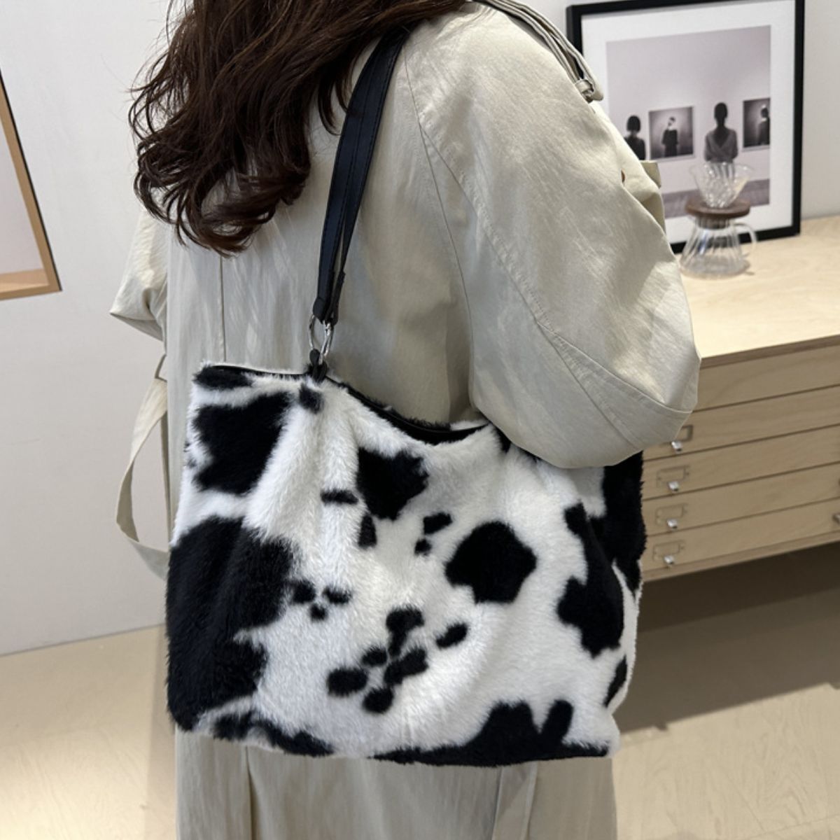 Cow Print Furry Tote Bag - The Ruffled Bull Boutique