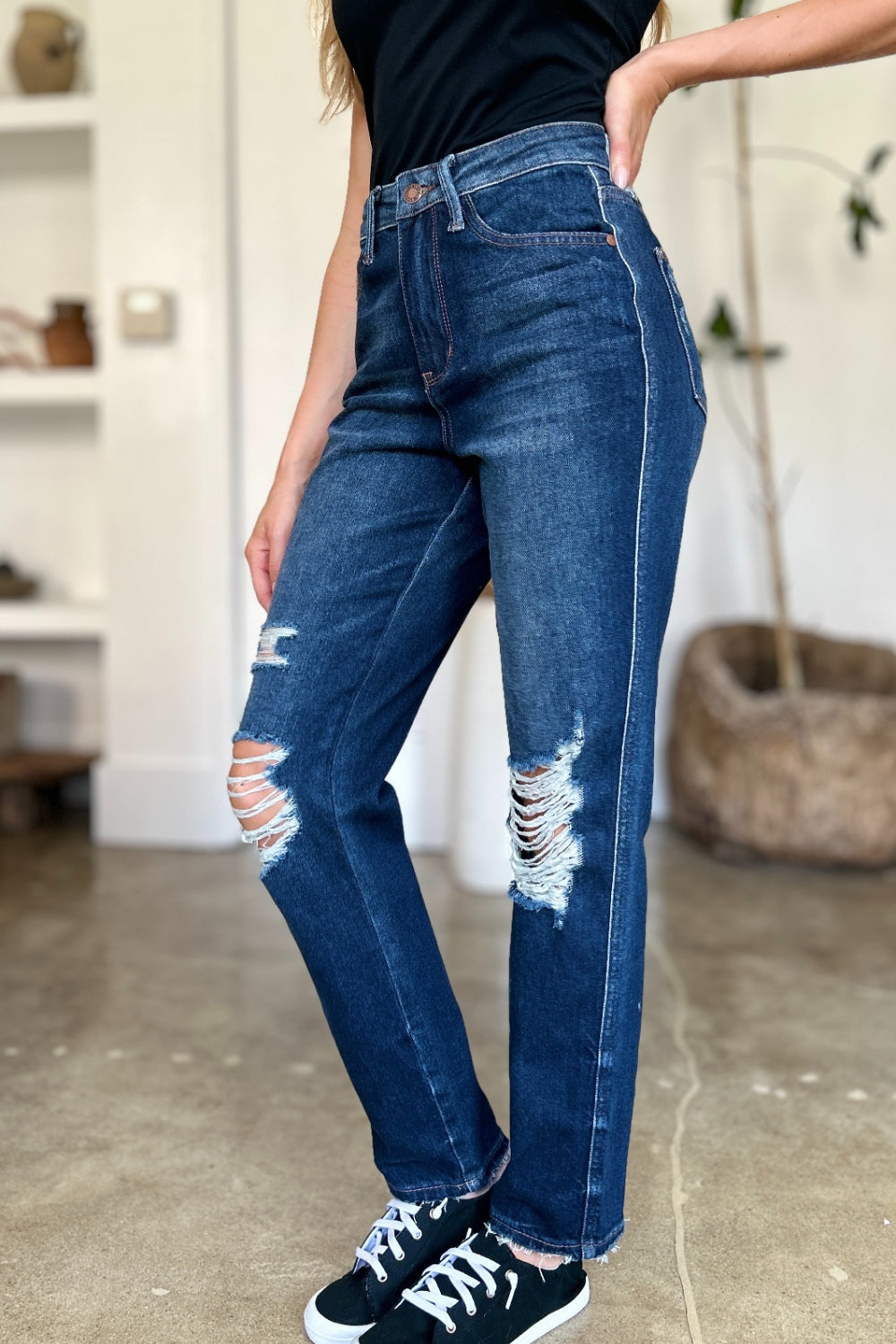 Judy Blue Full Size High Waist Rigid Magic Heavy Destroy Straight Jeans - The Ruffled Bull Boutique