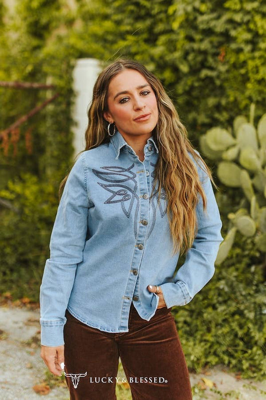 Light Wash Stretch Denim W Brown Boot Stitch Shirt - The Ruffled Bull Boutique