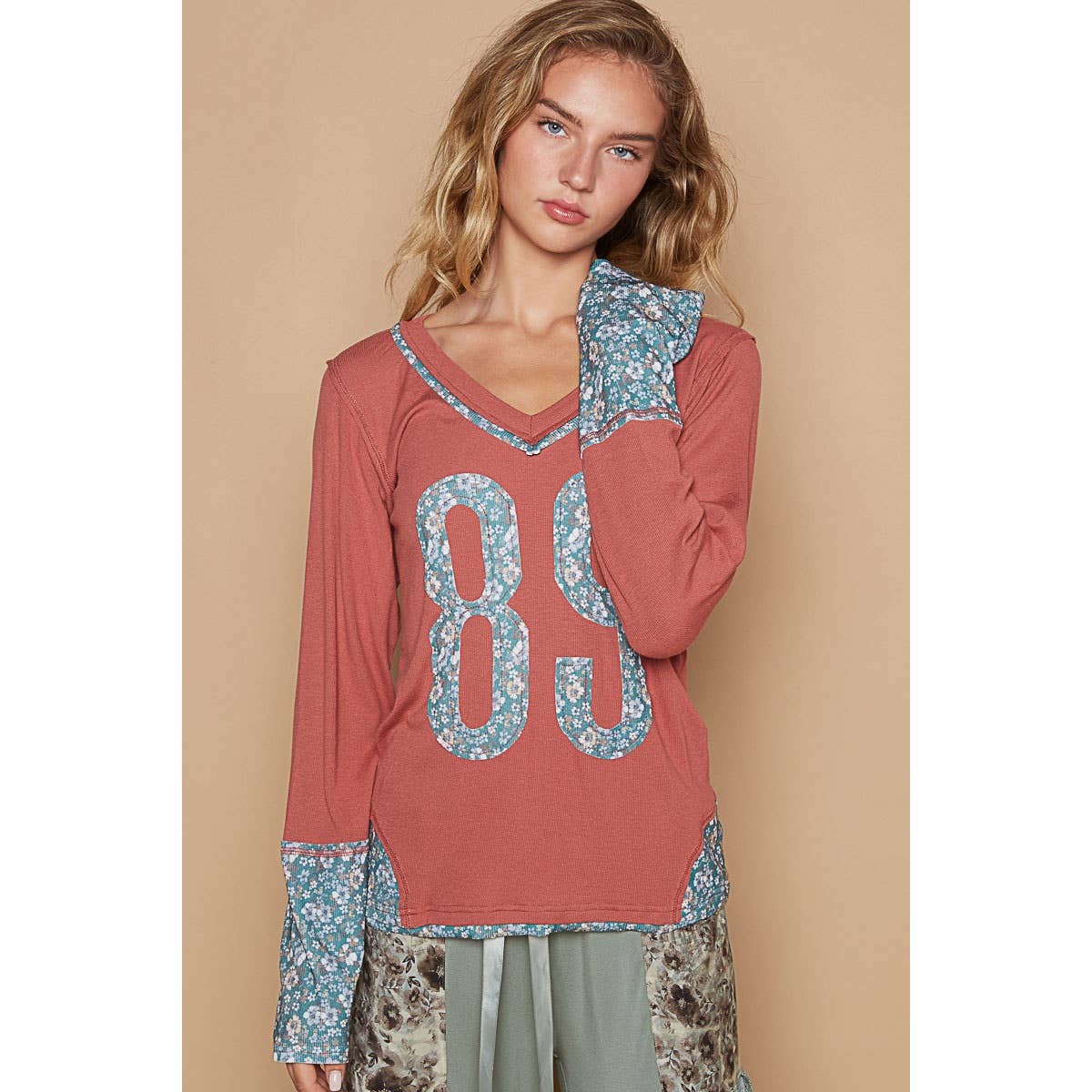 V-neck long sleeve floral print number patch top SALE - The Ruffled Bull Boutique