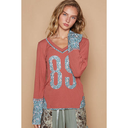 V-neck long sleeve floral print number patch top SALE - The Ruffled Bull Boutique