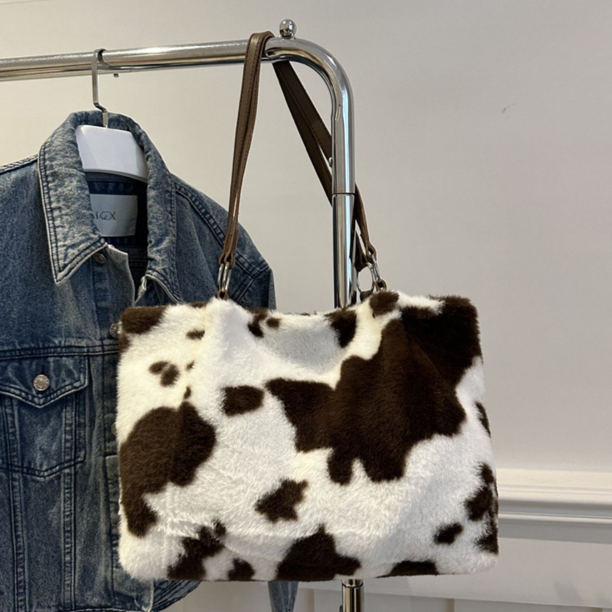 Cow Print Furry Tote Bag - The Ruffled Bull Boutique