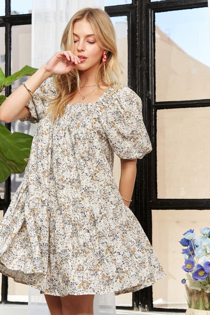 ADORA Floral Square Neck Puff Sleeve Dress - The Ruffled Bull Boutique