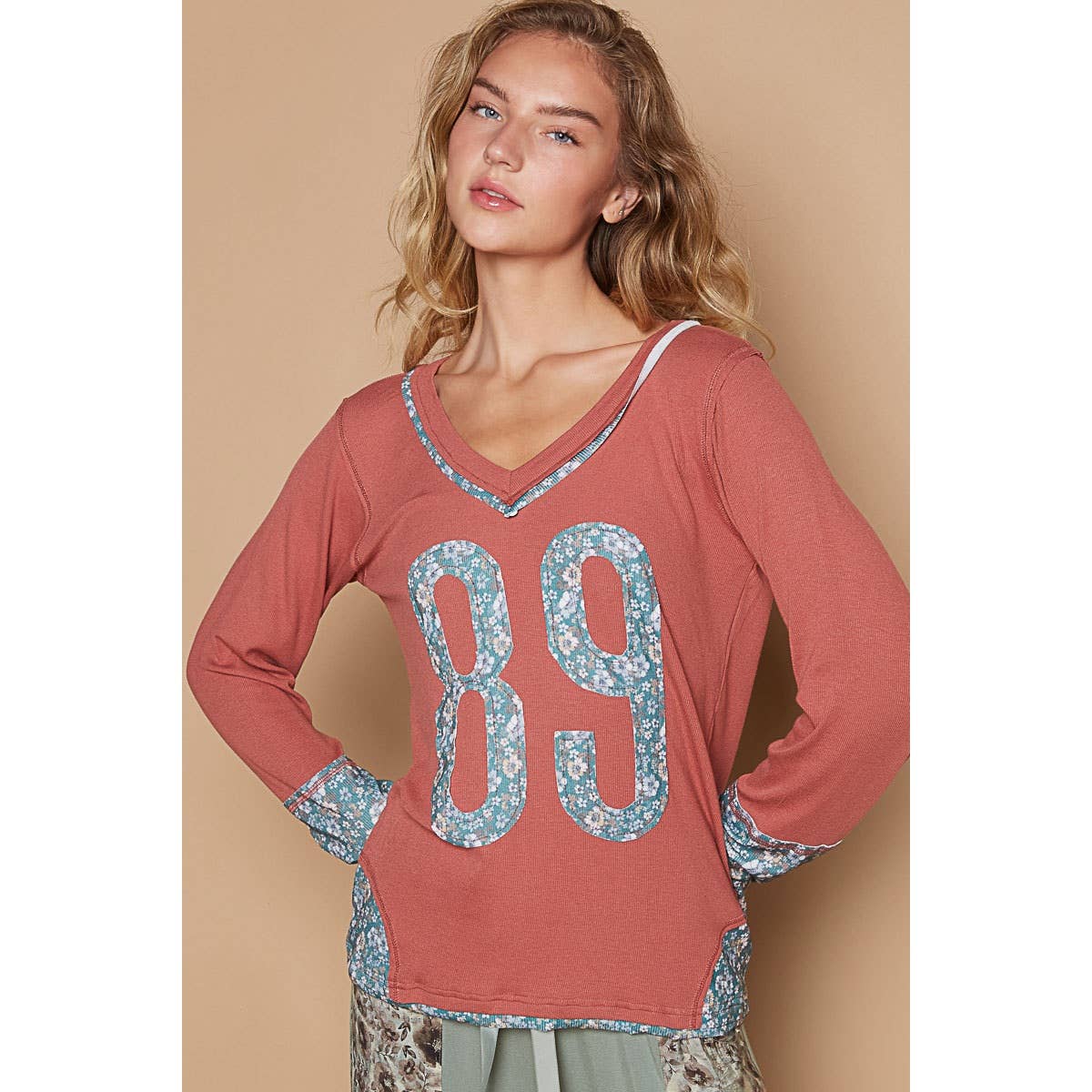 V-neck long sleeve floral print number patch top SALE - The Ruffled Bull Boutique