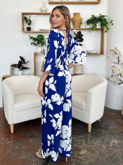 Double Take Full Size Printed Tie Back Wide Leg Jumpsuit - The Ruffled Bull Boutique