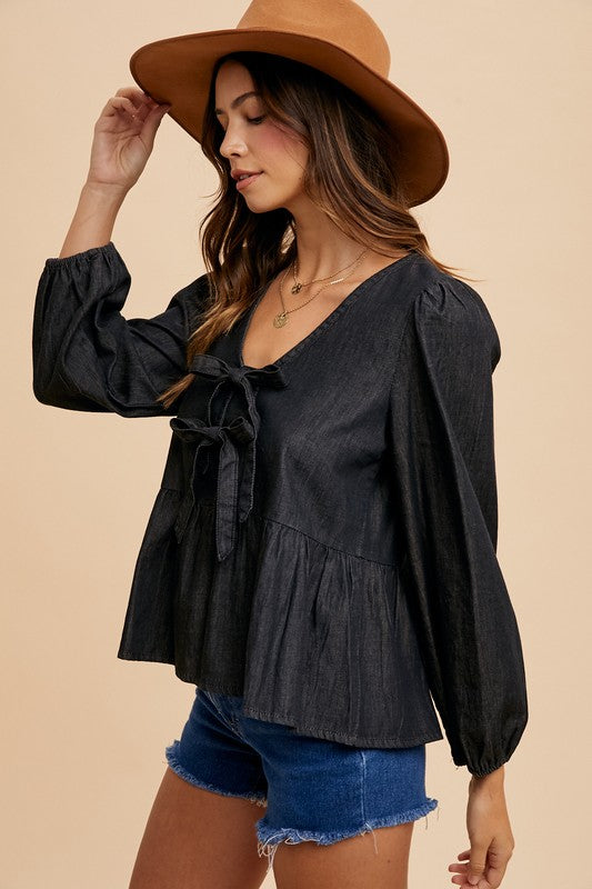 Annie Wear Tie Front Peplum Long Sleeve Denim Top - The Ruffled Bull Boutique