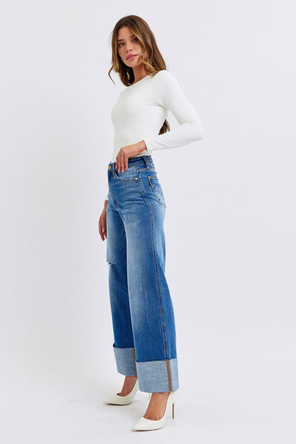 Judy Blue Full Size Distressed High Waist Wide Leg Jeans - The Ruffled Bull Boutique