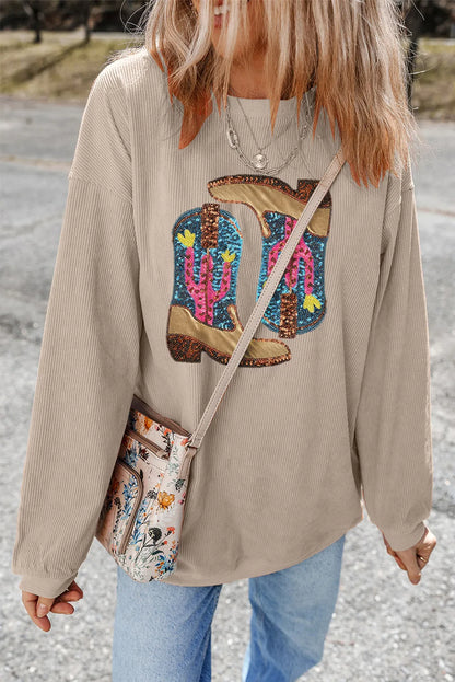 Full Size Sequin Boots Round Neck Long Sleeve Sweatshirt