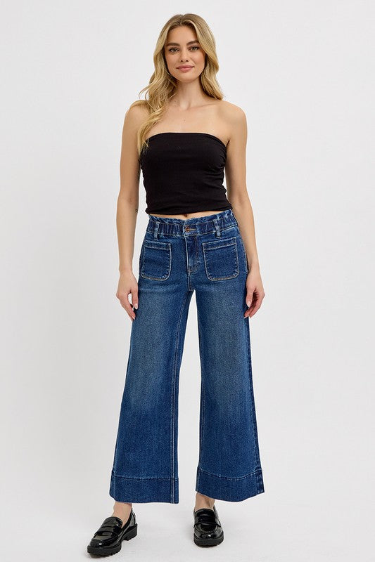 RISEN Elastic Band Wide Leg Jeans - The Ruffled Bull Boutique