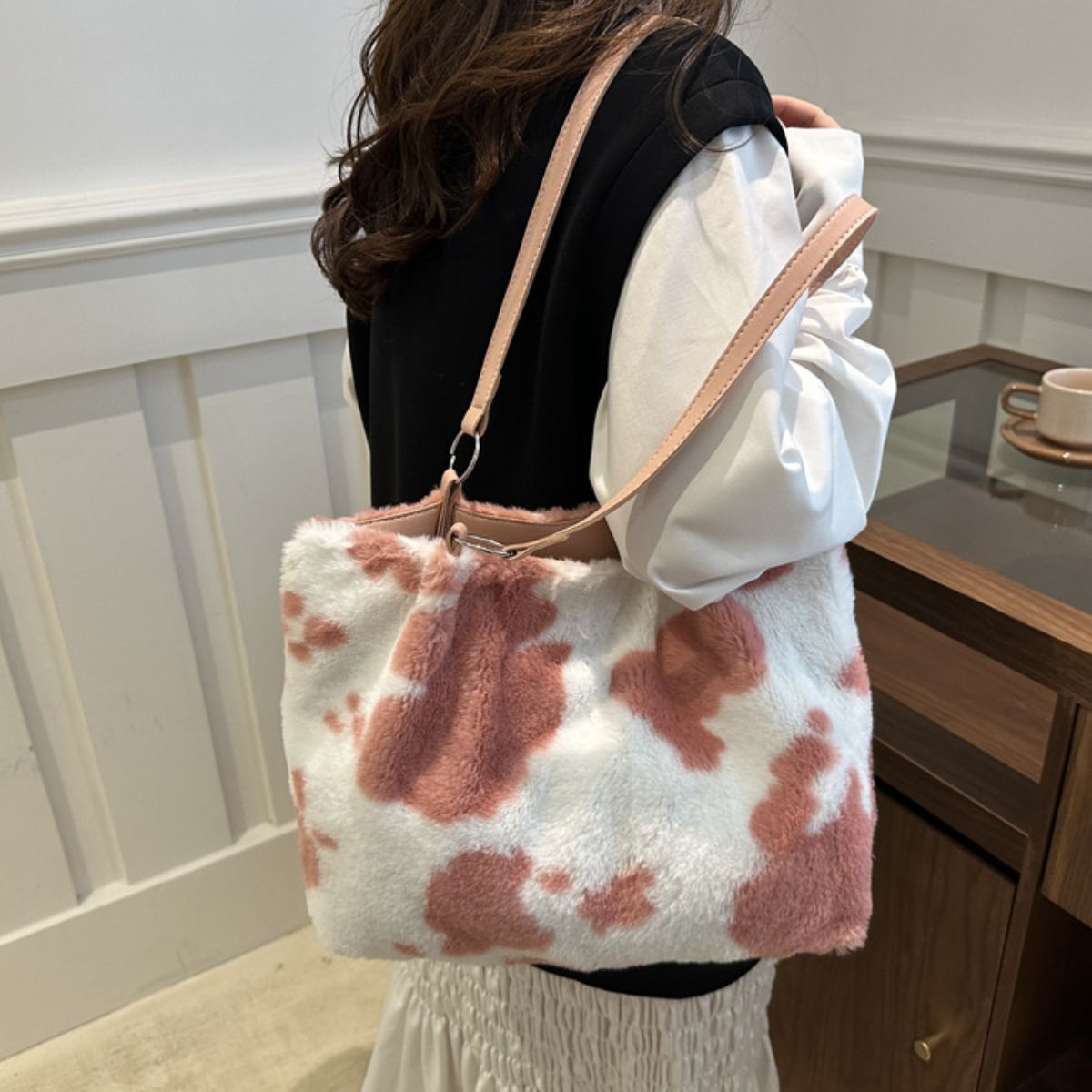 Cow Print Furry Tote Bag - The Ruffled Bull Boutique