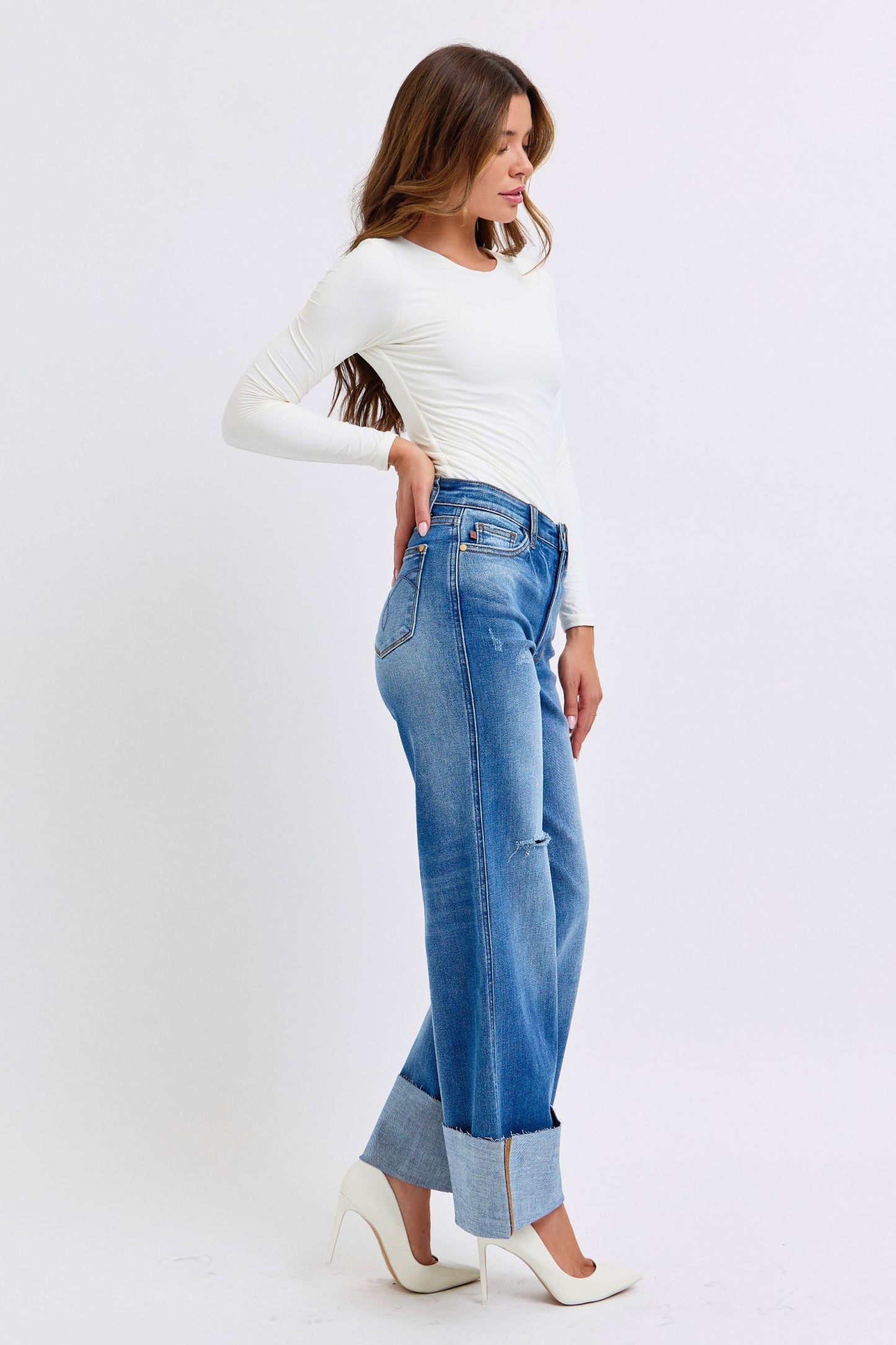 Judy Blue Full Size Distressed High Waist Wide Leg Jeans - The Ruffled Bull Boutique