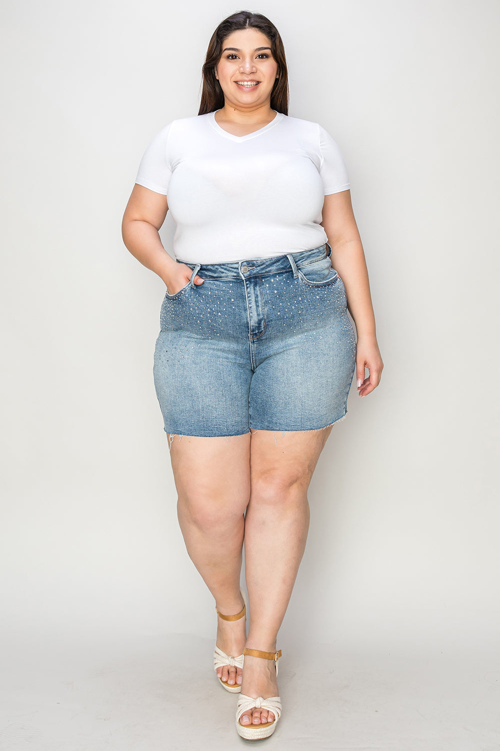 Judy Blue Full Size High Waist Rhinestone Decor Denim Shorts - The Ruffled Bull Boutique