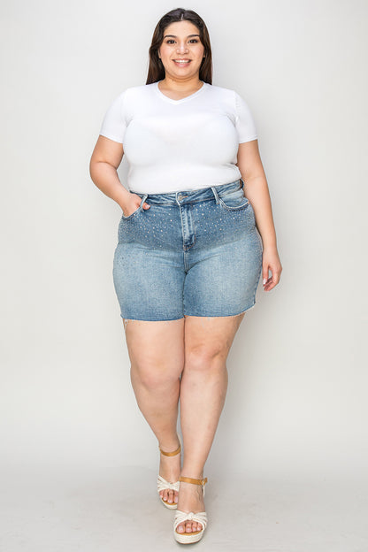 Judy Blue Full Size High Waist Rhinestone Decor Denim Shorts - The Ruffled Bull Boutique
