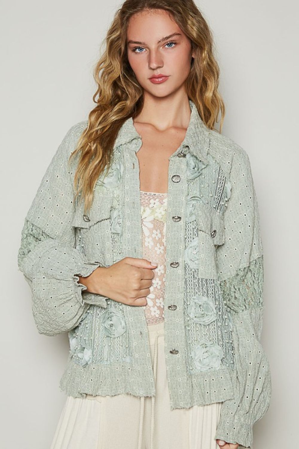 POL Eyelet Flower Pearl Detail Lace Patchwork Shirt - The Ruffled Bull Boutique