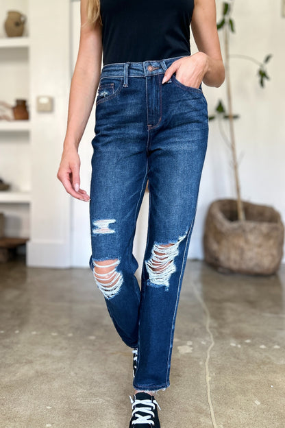 Judy Blue Full Size High Waist Rigid Magic Heavy Destroy Straight Jeans - The Ruffled Bull Boutique