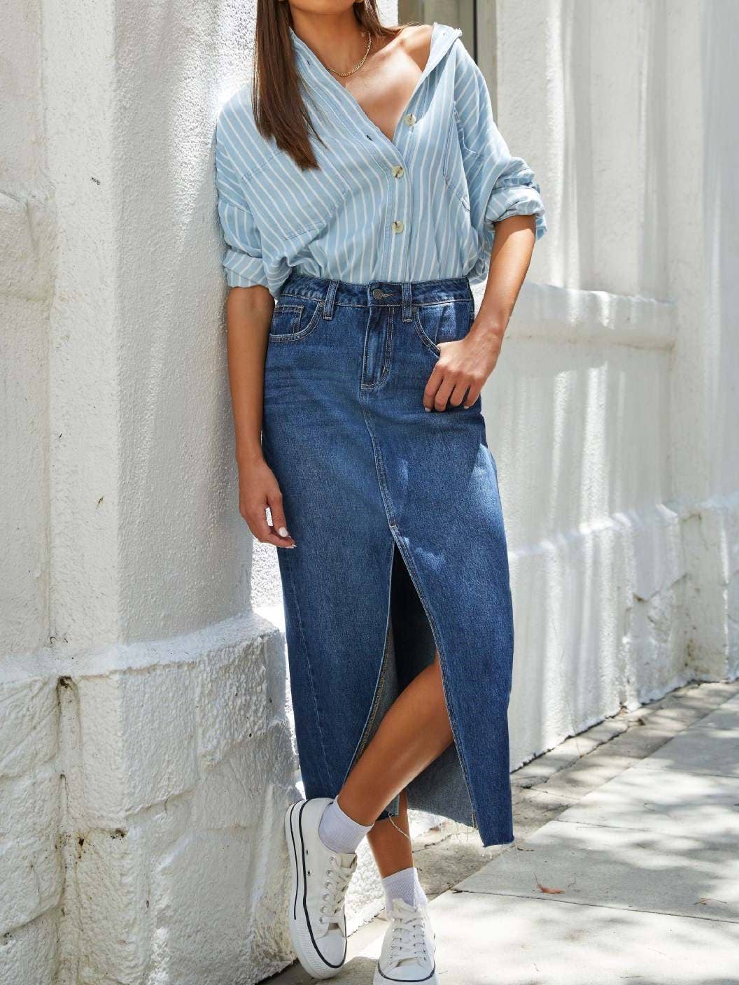 Slit Denim Midi Skirt: Light Blue / 2XL - The Ruffled Bull Boutique