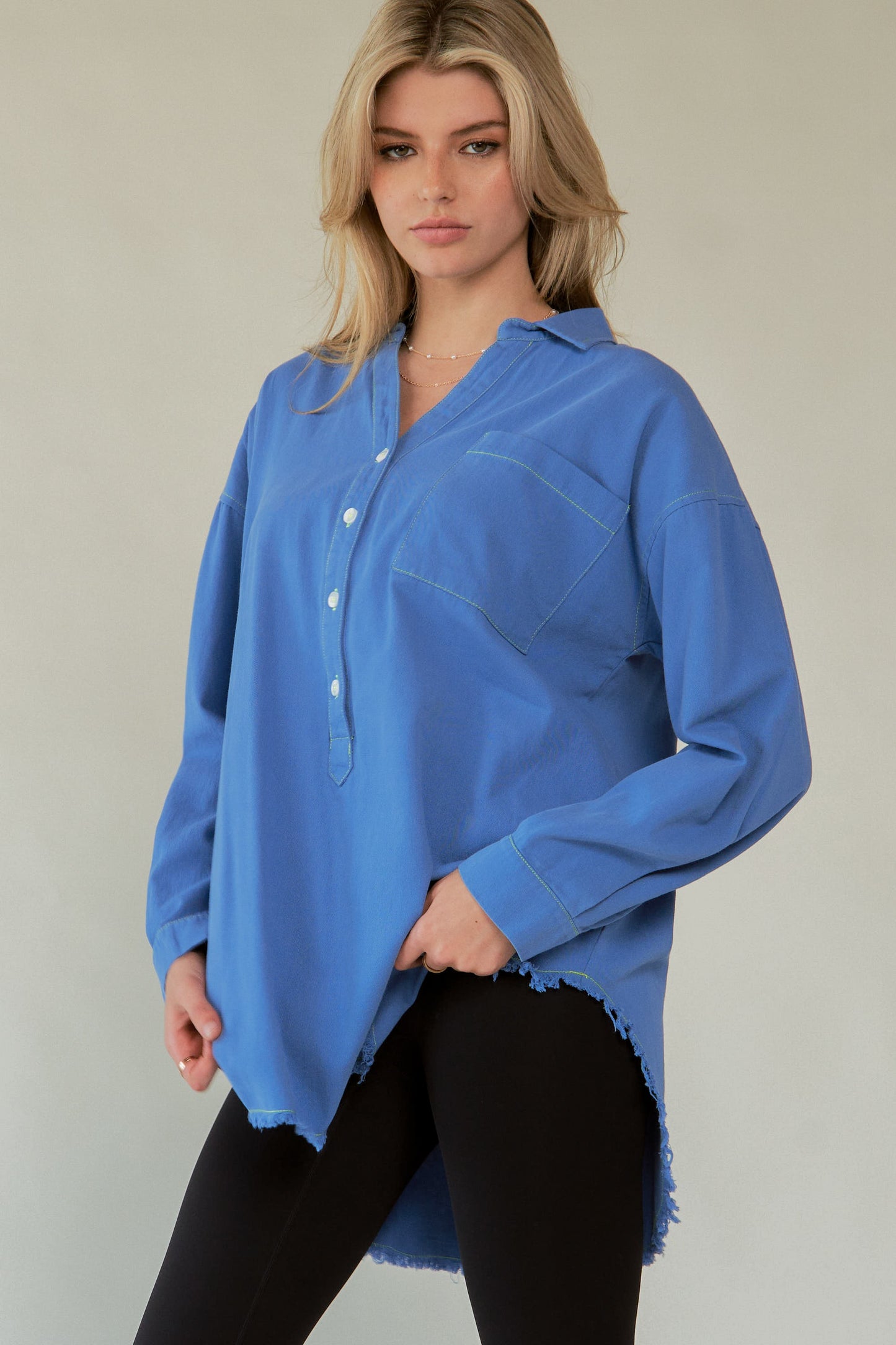 Davi & Dani Letter Back Raw Hem Half Button Shirt - The Ruffled Bull Boutique