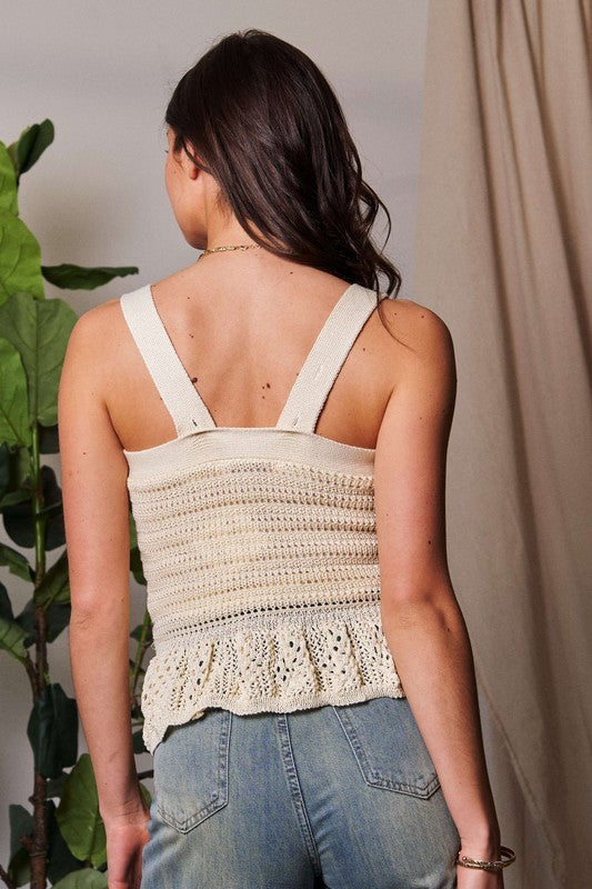 Davi & Dani Crochet Wide Strap Peplum Knit Tank - The Ruffled Bull Boutique