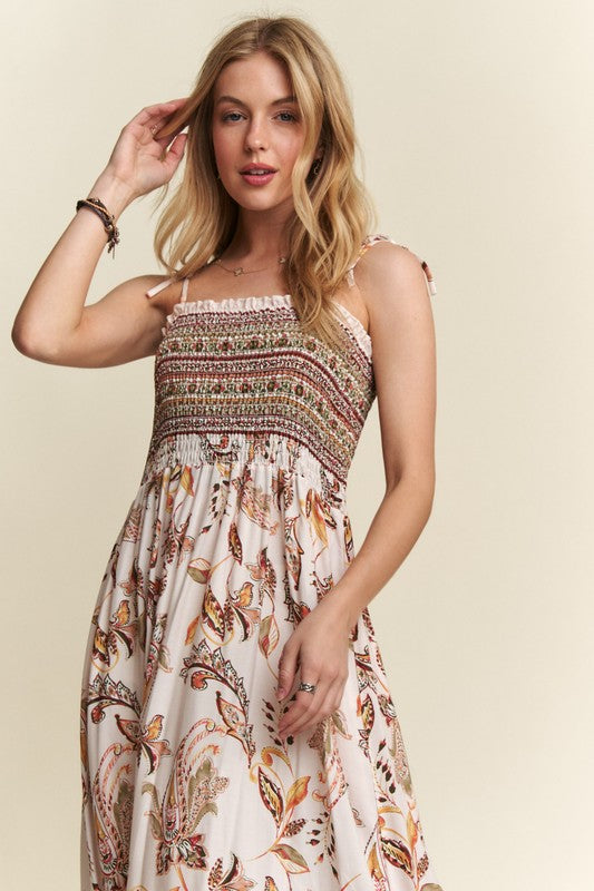 ADORA Smocked Printed Square Neck Tie Shoulder Cami Dress - The Ruffled Bull Boutique