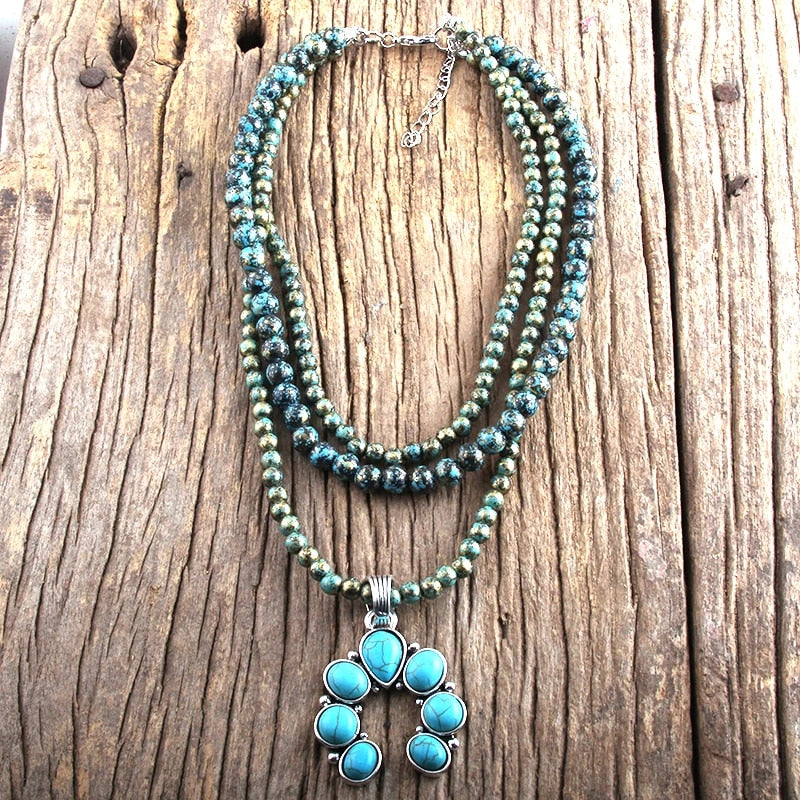 Turquoise boho short beaded necklace - The Ruffled Bull Boutique