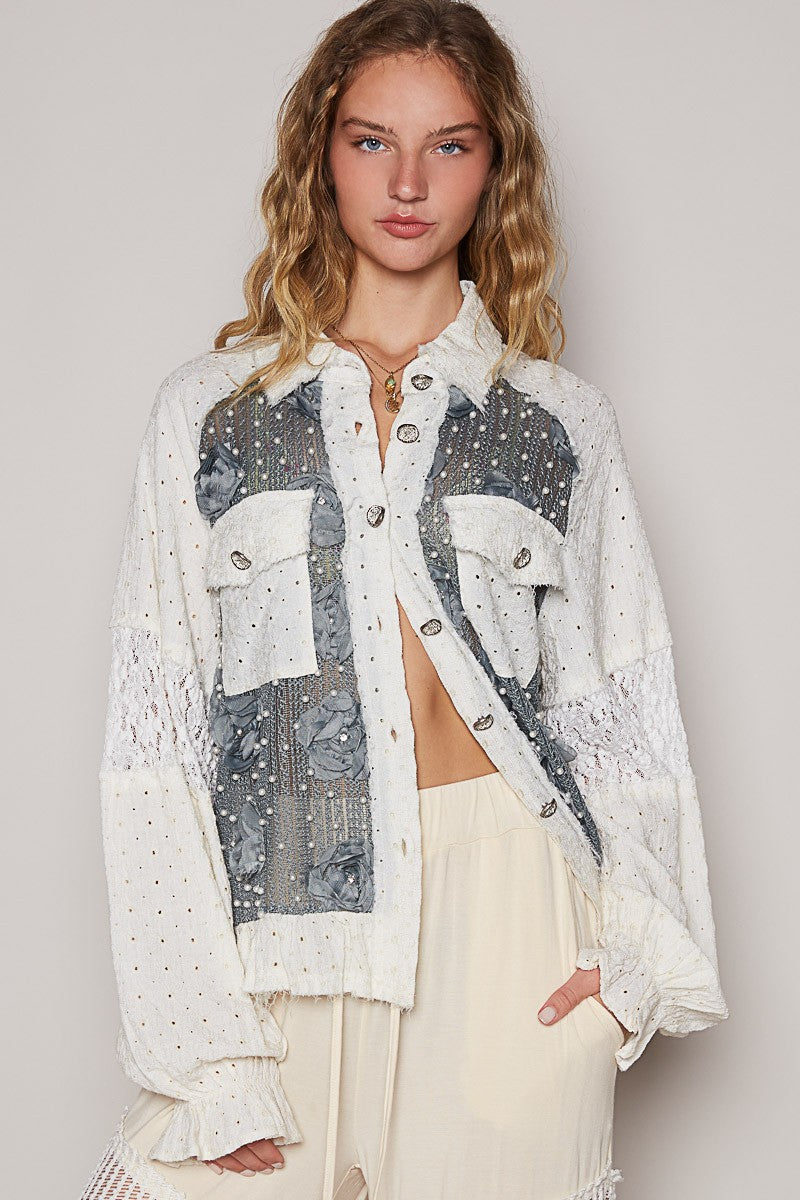 POL Eyelet Flower Pearl Detail Lace Patchwork Shirt - The Ruffled Bull Boutique