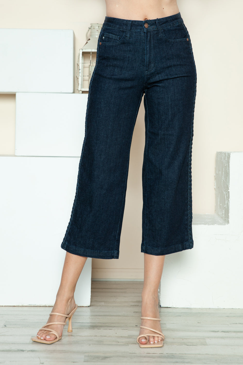 Judy Blue Full Size Side Seam Braid Detail Crop Wide Leg Jeans - The Ruffled Bull Boutique