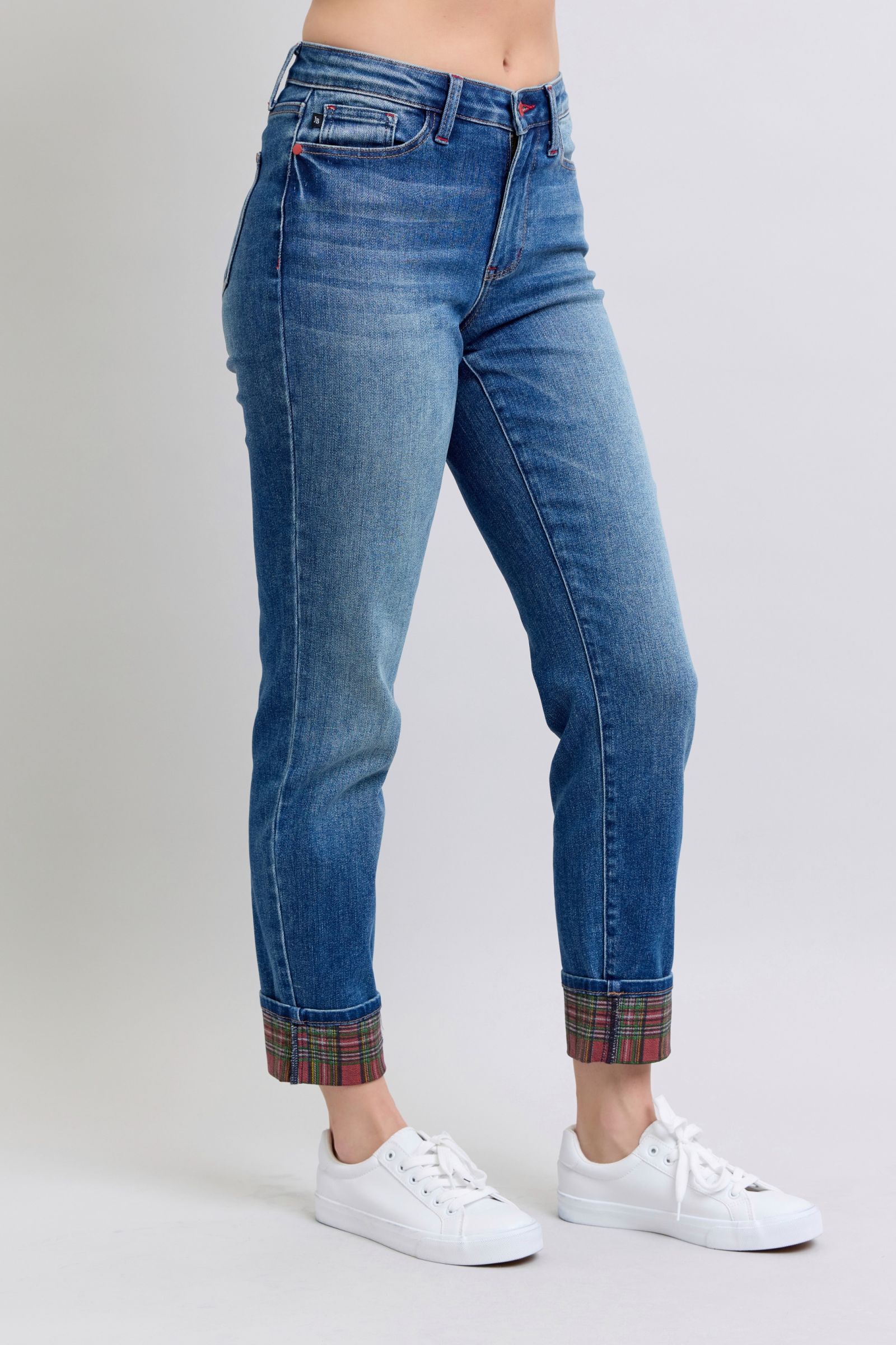 Judy Blue Full Size Plaid Print Cuff Straight Leg Jeans with Pockets - The Ruffled Bull Boutique