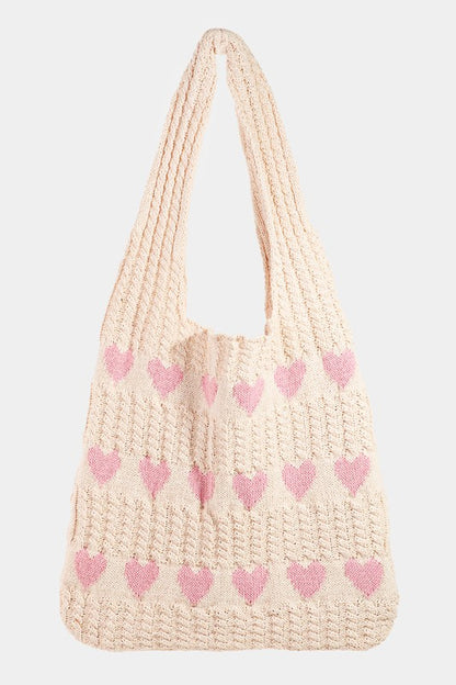 Fame Contrast Heart Crochet Tote Bag - The Ruffled Bull Boutique