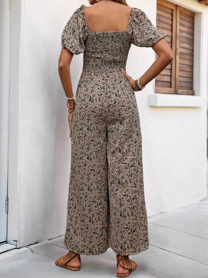 Perfee Smocked Printed Square Neck Puff Sleeve Jumpsuit - The Ruffled Bull Boutique