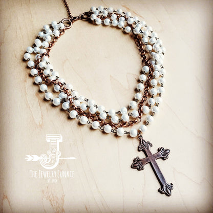 Pearl and Copper Collar-Length Necklace w/ Copper Cross 114G